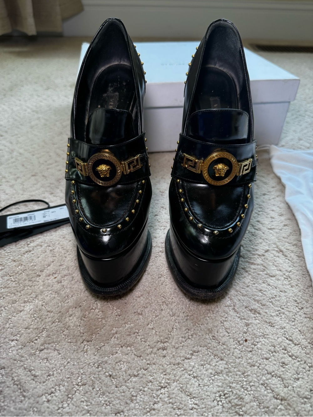 Versace Black Platform Gold Studded Loafer Platform Heels with Medallion - Picture 3 of 10